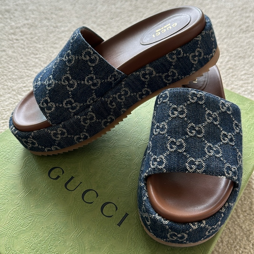 Gucci Denim GG Delave Platform Slides in Blue Tea, Size 38